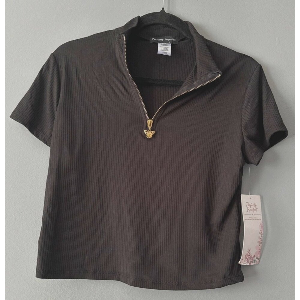 Perfectly Imperfect Y2K Butterfly Zip Crop Top Women’s Large L Black Retro